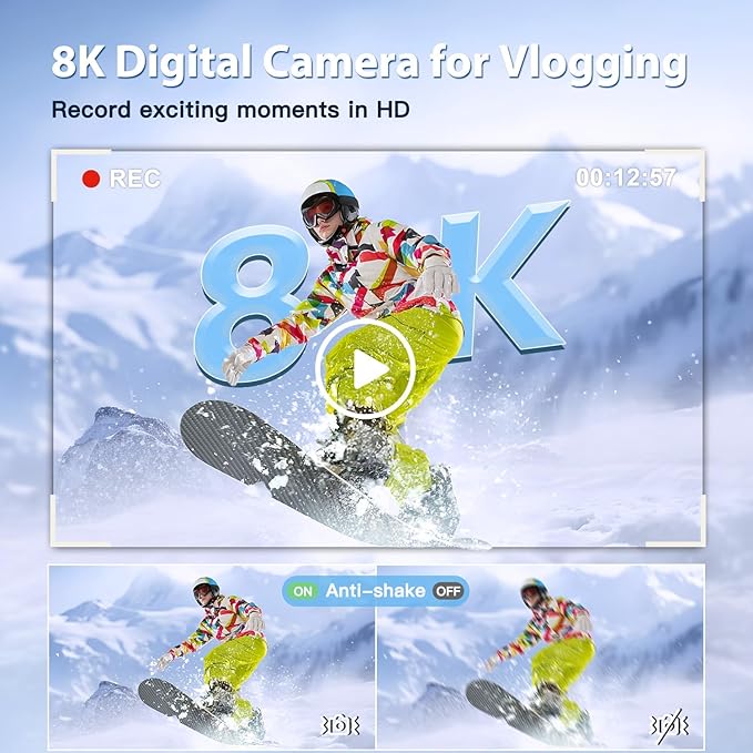 8K Digital Cameras for Photography Autofocus, WiFi 88MP Vlogging Camera with Dual-Lens, Flash, 16X Digital Zoom, Touch Screen, Travel Camera Anti-Shake with Lens Hood, 64GB Card,2 Batteries
