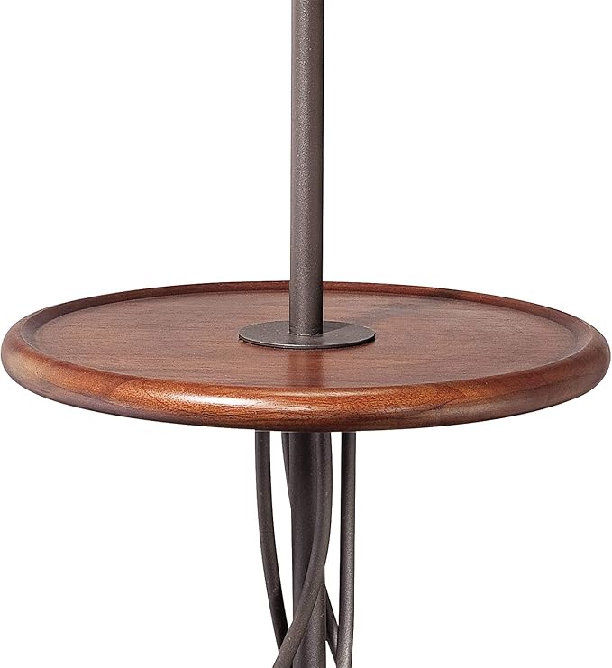Franklin Iron Works Rustic Farmhouse Country Cottage Floor Lamp with Tray End Table 63.5" Tall Wood Twisted Iron Base Brown Linen Fabric Tapered Drum Shade for Living Room Reading House Bedroom