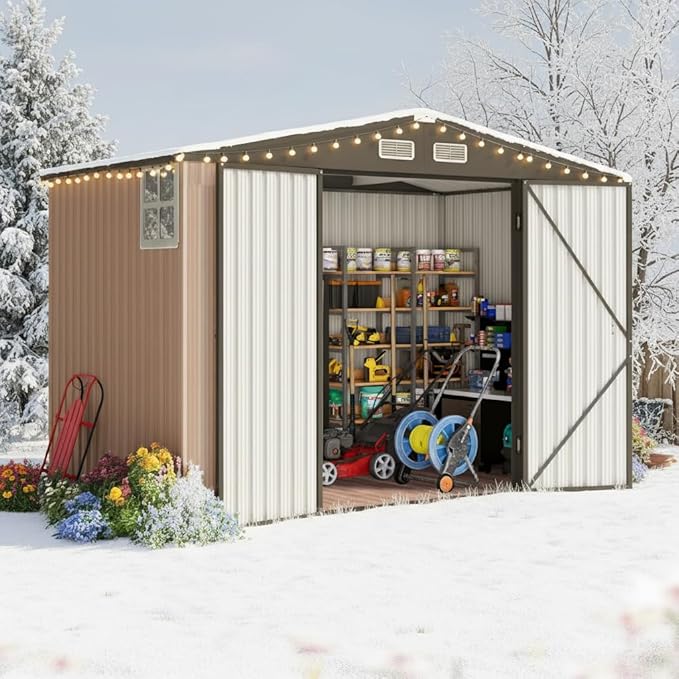 Quictent Heavy Duty 8X6 FT Outdoor Metal Storage Shed, Lockable Tool Shelter Waterproof Shed for Garden, Backyard, Lawn and Patio Scene with Combination Lock, Brown(8.2X5.8 FT Base, No Floor)