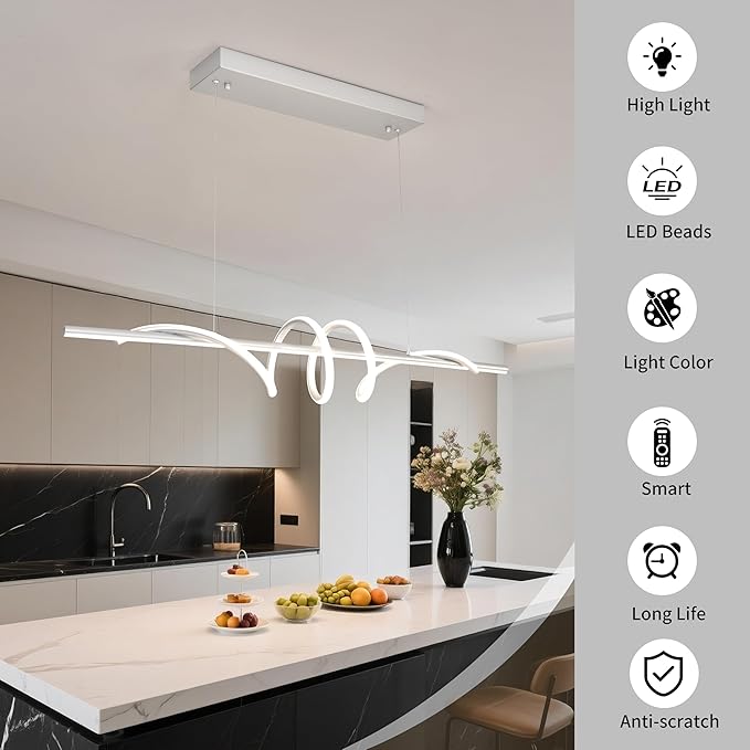 Modern LED Pendant Light, 39.37in Silver Chandelier Dimmable,3000K-6000K Adjustable Color Temperature, Aluminum Modern Kitchen Light Fixture for Dining Room