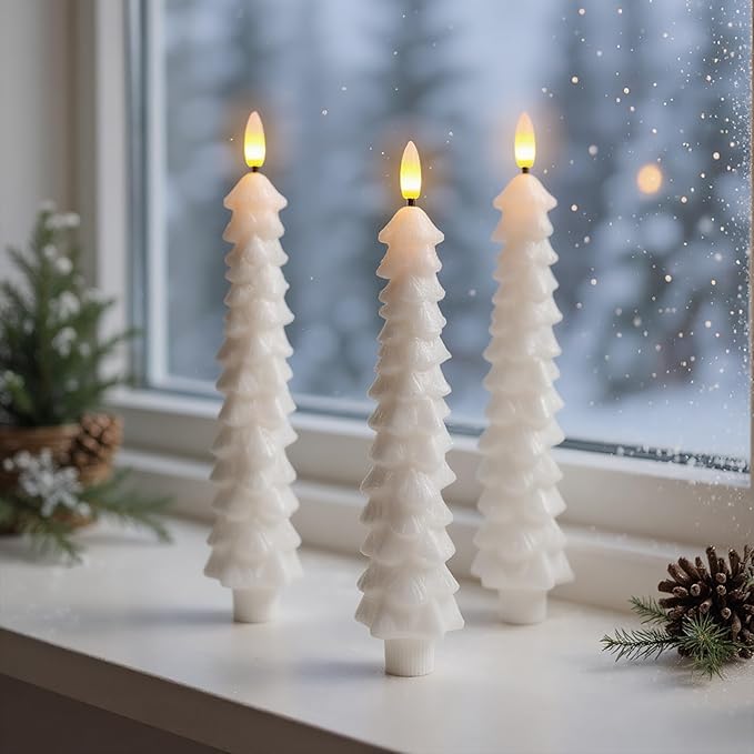 Christmas Tree Candles with Remote Timer, 4 Pcs Waxy Flameless Taper Candles Flickering, Battery Operated LED Candlesticks with 3D Flame Wick, White Window Candle for Christmas Decorations
