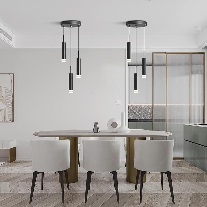 KCO Lighting Modern Black 3-Light LED Cylinder Pendant Light Contemporary Adjustable Kitchen Island Cluster Pendant Lighting Nordic Round Metal Long Tube Hanging Ceiling Pendant Lights