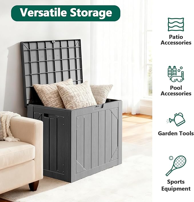 Outdoor Storage Box, 30 Gallon Deck Box Outdoor Storage Bench Outside Waterproof Resin Storage Bench, Lockable Patio Cushions, Garden Tools Storage For Furniture, UV Resistant (Gray)