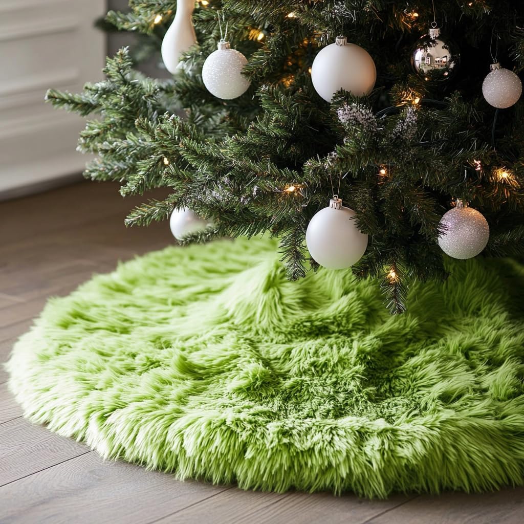 AOGU 36 Inch Faux Fur Christmas Tree Skirt Green Plush Skirt for Merry Christmas Party Christmas Tree Decoration