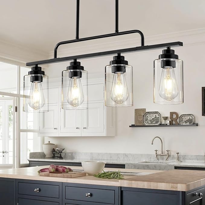 Dining Room Light Fixture - Black 4-Light Farmhouse Chandelier Kitchen Island Lights Fixtures Modern Linear Chandeliers Hanging Pendant Lighting Over Table for Dining Room