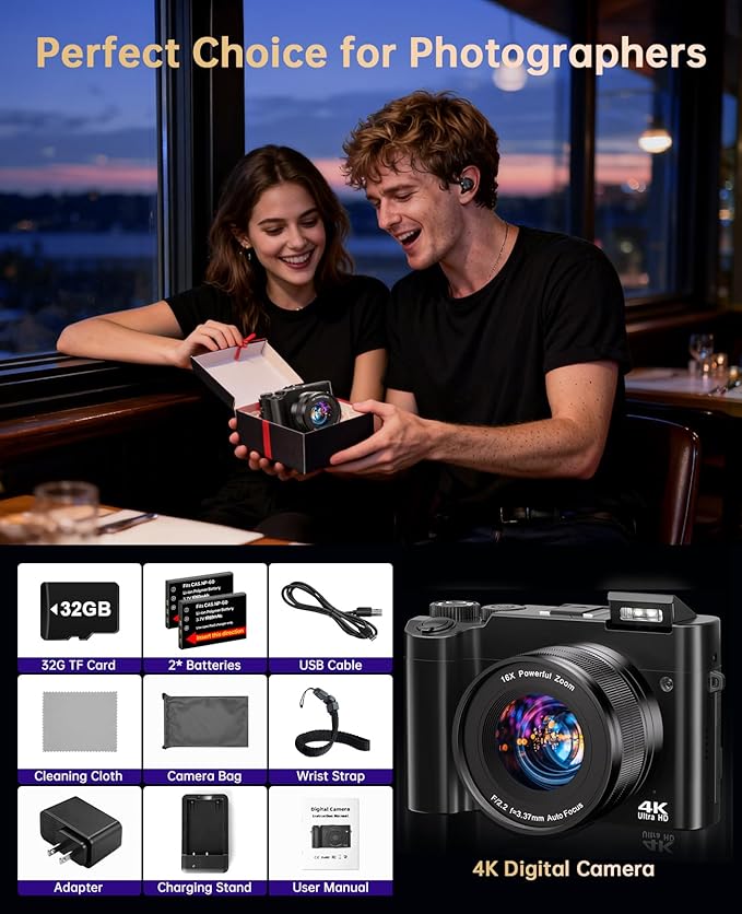 4K Digital Camera for Photography - 64MP Autofocus Vlogging Camera for YouTube with Dual-Lens - 16X Digital Zoom Anti Shake 3'' Selfie Compact Travel Camera with Flash, 2 Batteries, Charging Stand