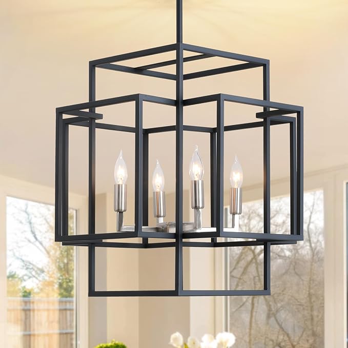 16.5" Farmhouse Chandelier, 4-Light Industrial Ceiling Pendant Light Fixture, Modern Foyer Lighting Fixtures, Dining Room Light Fixtures Over Table, Black and Silver Pendant Lights for Kitchen Island