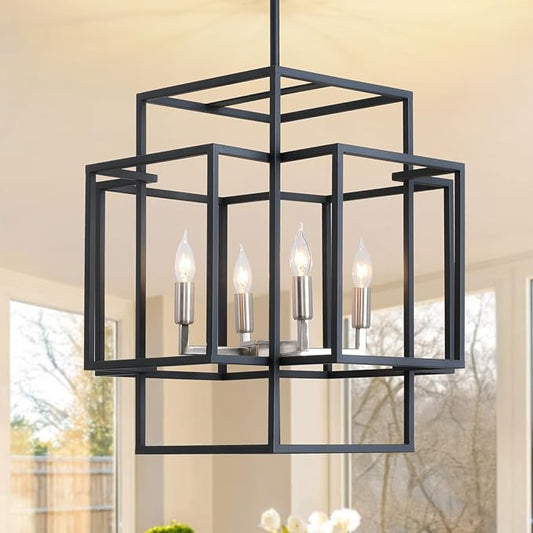 16.5" Farmhouse Chandelier, 4-Light Industrial Ceiling Pendant Light Fixture, Modern Foyer Lighting Fixtures, Dining Room Light Fixtures Over Table, Black and Silver Pendant Lights for Kitchen Island