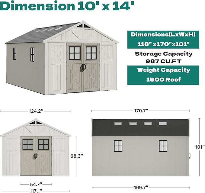 Devoko 10x14 FT Resin Outdoor Storage Shed with Floor, Plastic Tool Garden Shed with Windows & Lockable Door, Outside Large Storage Shed for Patio Backyard Lawn, Beige