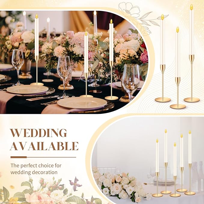 30 Pcs Gold Candlestick Holders with Flameless LED Candles Bulk Includes 15 Metal Candle Holders and 15 Ivory Battery Operated Candles for Wedding Table Centerpieces Home Decor