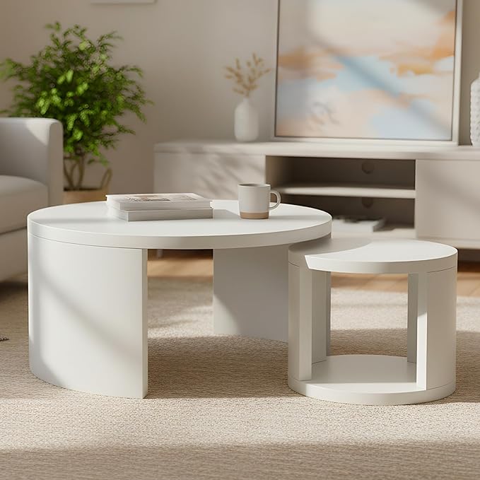 Round Coffee Table Set of 2, Nesting Coffee Tables with Storage,Living Room Table Set,Modern Wood Center Table for Living Room,Apartment,31.5" & 18" Coffee Table Set,White
