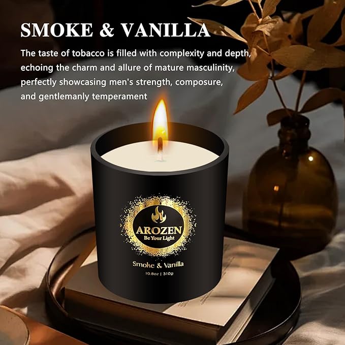 Premium Smoke & Vanilla Candles | Black Christmas Scented Candles for Men, Candle for Home Scented | 70-Hour Long Lasting Soy Holiday Candle for Him, 10.8oz, Aromatherapy at Home, Gifts for Men