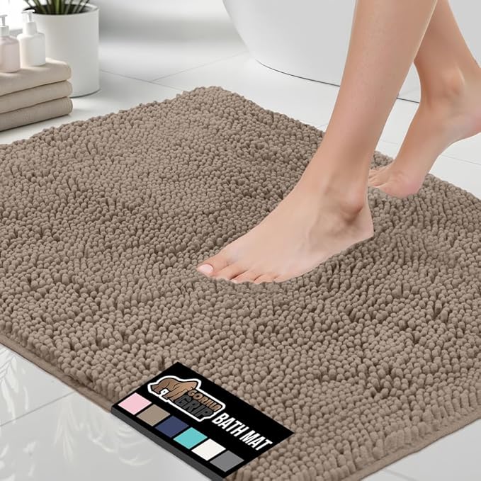 GORILLA GRIP Bath Rug Mat 36x24, Thick Absorbent Chenille, Quick Dry Microfiber Mats, Rubber Backing Washable Shower Floor Rugs, Bathmat Runner, US Designed Bathroom Home Decor Accessories Gray Beige