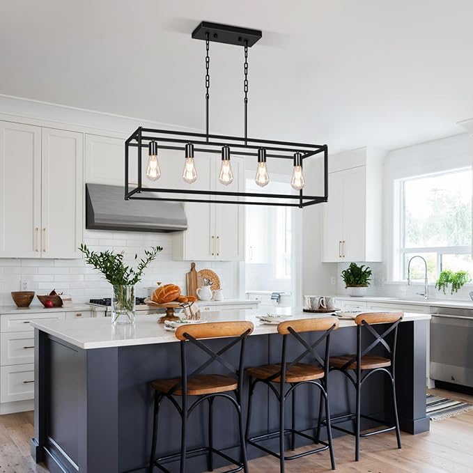 5-Light Rustic Farmhouse Chandelier, Rectangular Metal Kitchen Island Pendant Lighting Fixtures, Black Industrial Linear Hanging Light for Dining Room, Entryway, Foyer, Bar, Living Room