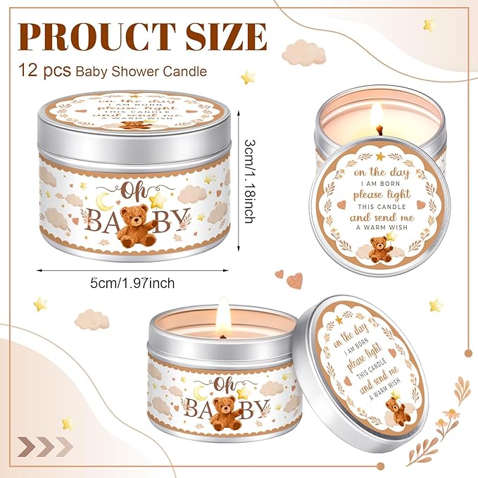Funtery 12 Pcs Baby Shower Party Favors for Guests Baby Shower Candles Lavender Scented Candle Rustic Tealights Candles Gender Reveal Return Gifts(Bear)
