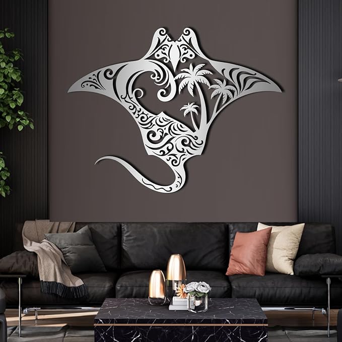Stingray Metal Wall Art, Metal Palm Tree Wall Decor, Manta Ray Metal Wall Art, Nautical Decor, Sea Life Wall Art, Palm Tree Sign, Natural Wall Art, Metal Wall Decor for Bathroom (Silver, 47"x36"/120x92cm, metal wall art)