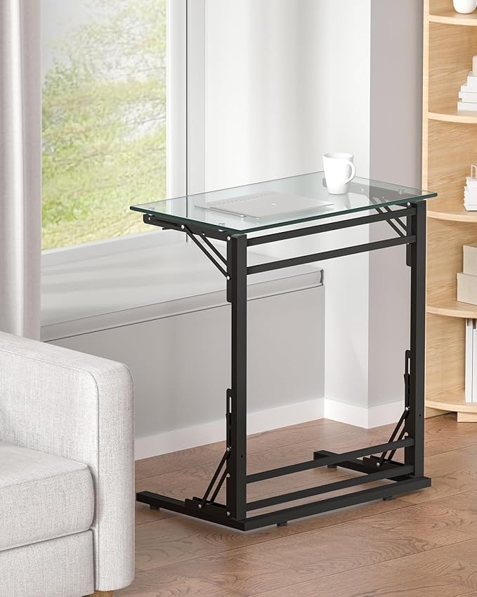 Tatub 24" Folding TV Tray Table, Glass C Shaped End Table for Couch, Small Sofa-Side Laptop Desk with Black Metal Frame for Living Room, Bedroom, Bedside