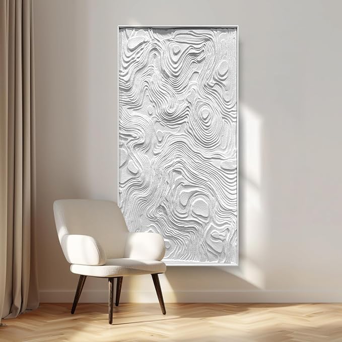 BrightA Large-scale white abstract wall artworks, wood wall decor for living room and office, horizontal wall art three-dimensional relief sandstone hand-painted decorations 23.6"x47.2"