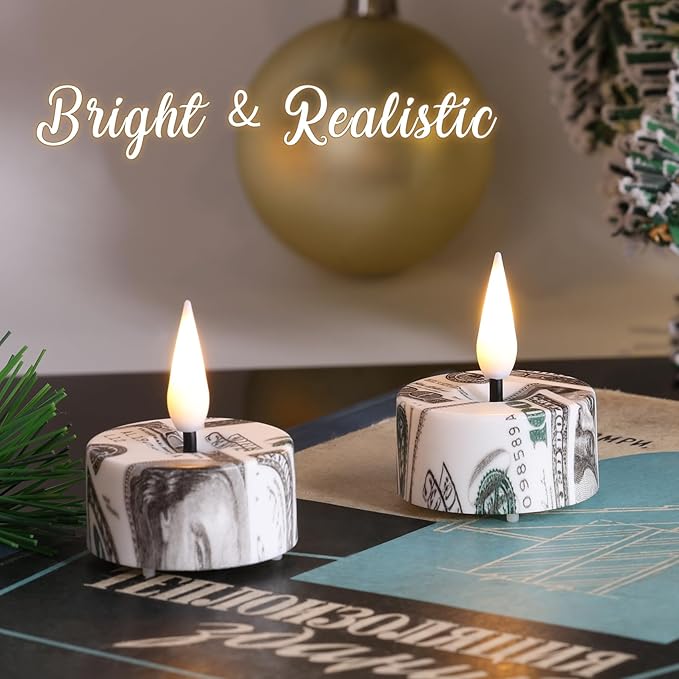 Eywamage Flameless Tealights with Remote Batteries, Dollar Pattern Flickering LED Tea Votive Candles Set of 12