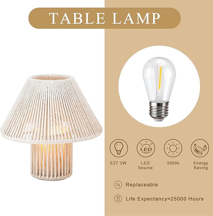 TRIROCKS Woven Cotton Rope LED Cordless Table Lamp Set of 2, 7'' Tall Battery Operated Desk Lamp, Boho Bedside Lamps Great for Living Room Bedroom Weddings Parties Patio Events