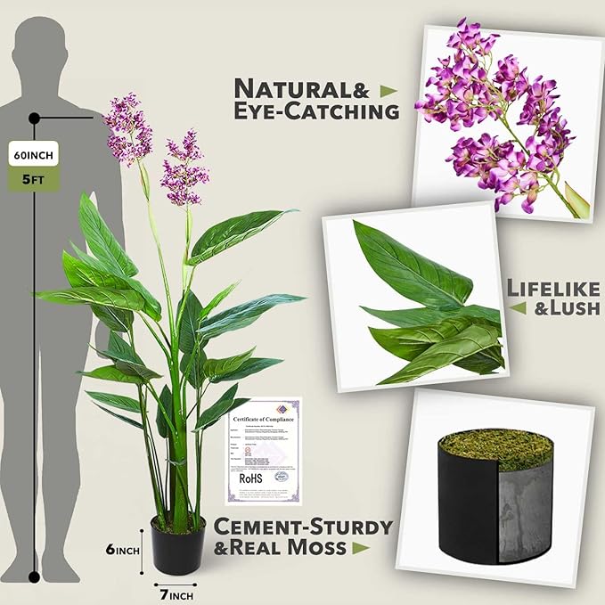 Aveyas 5ft Artificial Canna Violet Tree with Flowers for Home Decor, 5 Feet Faux Tropical Plant Fake Silk Trees with Pot for Indoor Outdoor House Porch Living Room Office (5 ft Tall)