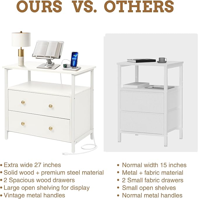 27 inch Wide Night Stand with Charging Station, Bedside Table with Open Shelf, 2 Drawers Small Wood Dresser, Modern Wood Nightstand for Bedroom/Living Room (White)
