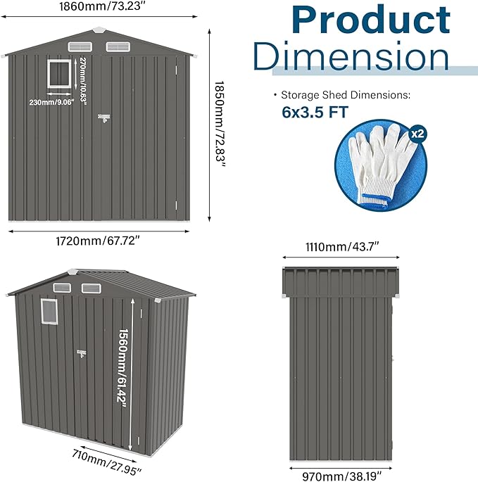 6x3.5 FT Outdoor Storage Shed, Small Metal Garden Shed with Window, Outside Tool Sheds with Lockable Hinged Doors, Waterproof Storage Building with 4 Air Vents for Backyard, Patio, Lawn, Gray