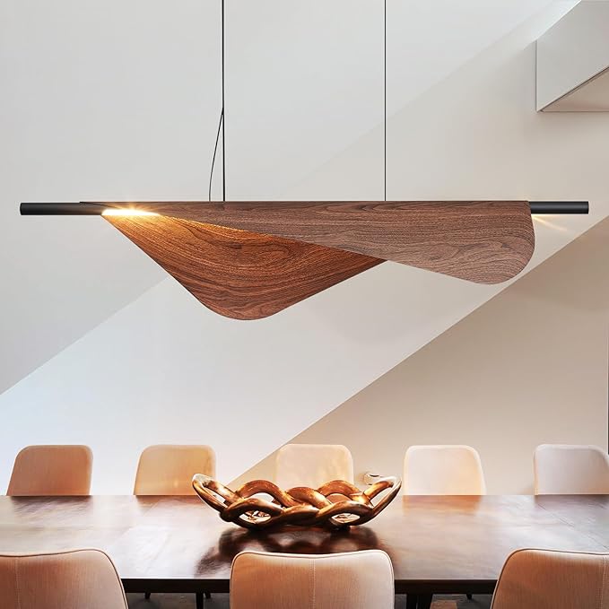Walnut Pendant Lights Kitchen Island 39.4In Dimmable Wood Grain Linear Kitchen Chandeliers Over Table Hanging Light Fixture for Dining Room