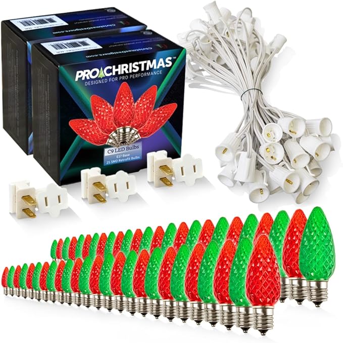 Pro Christmas C9 LED Christmas Light Kit for Rooflines & Pathways – DIY Cut to Length, Outdoor Commercial Grade (White Wire w/Vampire Plugs, 50 Bulbs, 50 ft) Red and Green