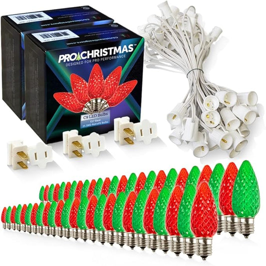 Pro Christmas C9 LED Christmas Light Kit for Rooflines & Pathways – DIY Cut to Length, Outdoor Commercial Grade (White Wire w/Vampire Plugs, 50 Bulbs, 50 ft) Red and Green