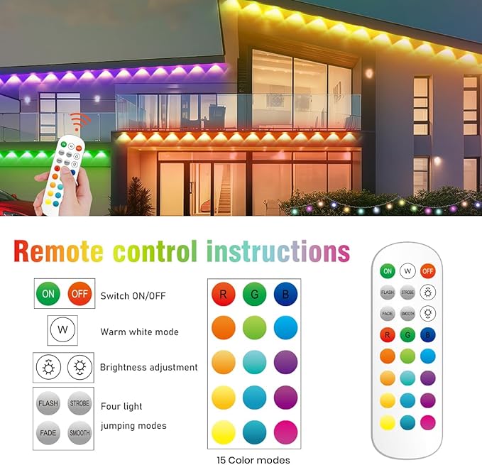 100FTPermanent Outdoor RGB Lights, LED Eaves Lights,IP67 Waterproof Light for House,Smart LED with App/Remote Control for Outdoor Decor,Garden Decor,Party,Holiday