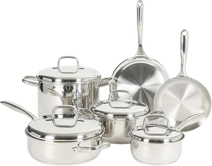 Oster Platinum Sedwick Stackable Stainless Steel Pots and Pans Cookware Set W/Domed Stainless Steel Lids W/TriPly Encapsulated Base - Induction Safe