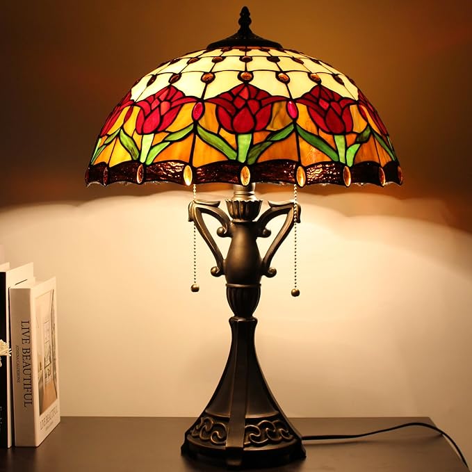 Table Lamp Base Replacement Only, Wide 6.6 Height 24 Inch, Fit for 12, 14, 16, 18 Inch Tiffany Style Stained Glass Lampshade, Dark Bronze Finish, Resin, Pull Chain Switch(O (W6.6H24 Inch))