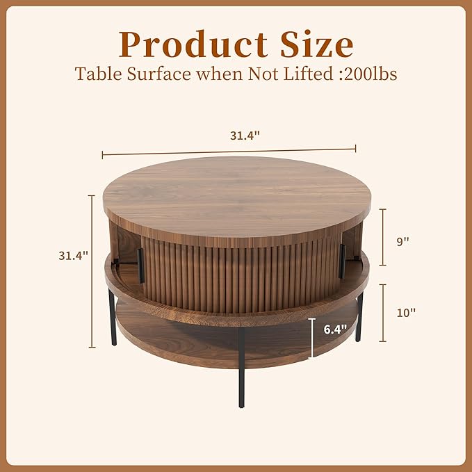 AQY Round Flip Top Coffee Table with Storage, 31.4" Multifunctional Wooden Center Table with Large Hidden Compartment & Open Shelves, Modern Coffee Table for Living Room, Office, Assembly Required