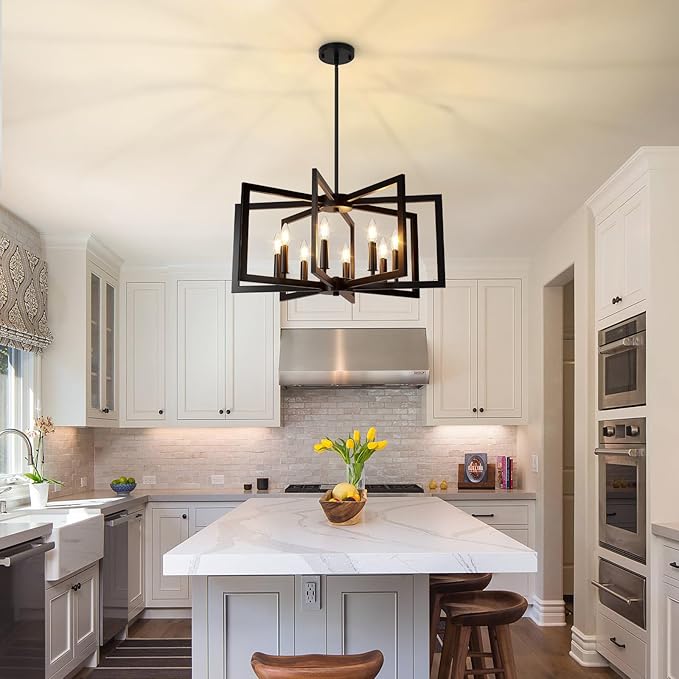8-Light Black Chandelier, Farmhouse Dining Room Light Fixture, Modern Chandelier, Geometric Industrial Metal Hang Lighting Fixture for Foyer Entryway Kitchen Over Table Hallway Living Room