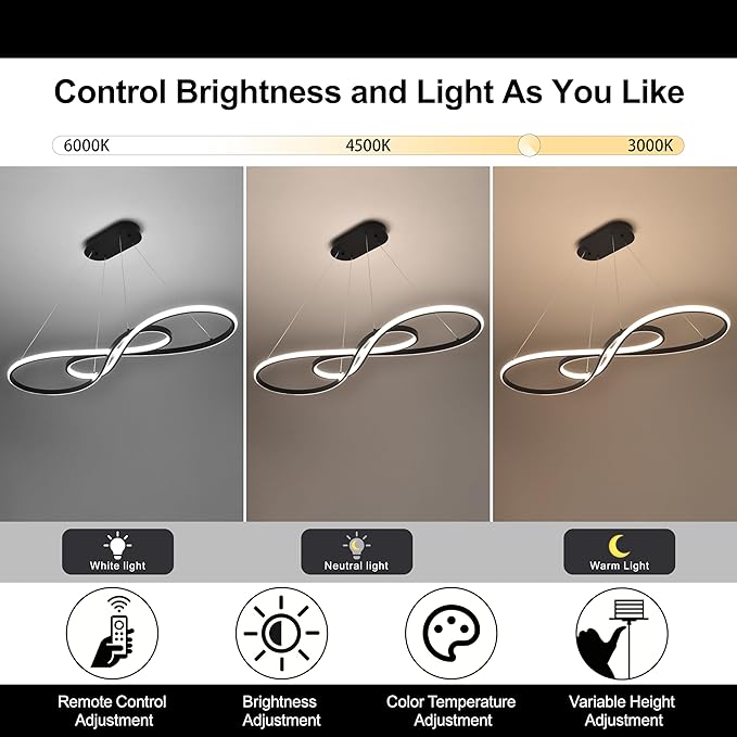 Modern Led Pendant Light, Dimmable Black LED Chandelier for Dining Room Light Fixture Over Table Modern Kitchen Island Lighting, Height Adjustable Ceiling Light