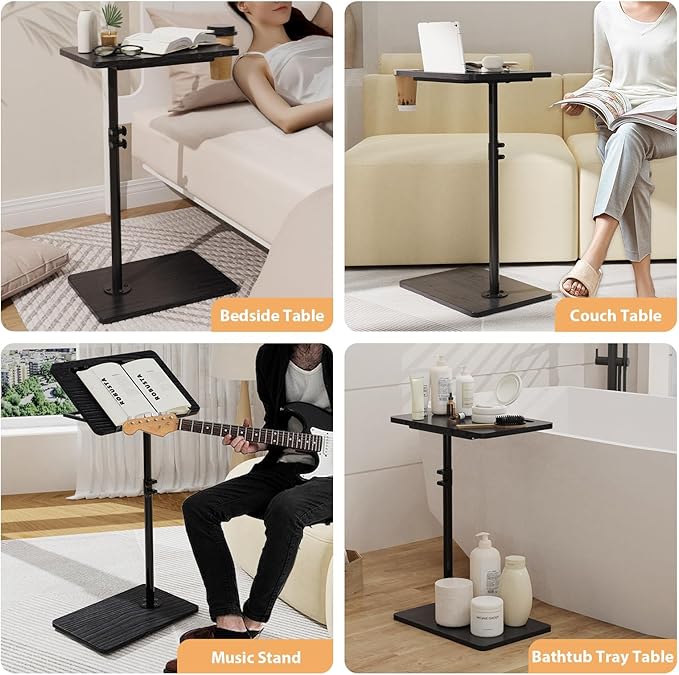 TV Tray Table, Adjustable C Shaped End Table for Couch, 360°Swivel Couch Side Tables That Slide Under Couch Desk Tray Tables for Small Space Sofa Bed Living Room Bedroom Bedroom(Black)