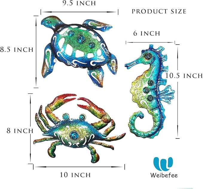 Weibefee Metal Sea Turtle Seahorse Crab Beach Themed Bathroom Wall Art Christmas Decor, Ocean Themed Wall Christmas Decorations Gift for Home Bathroom,10 Inch, Set of 3…