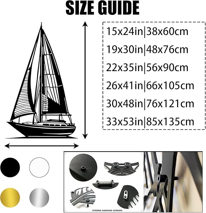 Sailboat Metal Wall Art, Sailboat Wall Decor, Boat Wall Decor, Beach Wall Art, Coastal Wall Decor, Nautical Wall Decor, Ocean Wall Art, Coastal Metal Wall Art, Beach Wall Decor for Bedroom (Black, 33x53in|85x135cm)