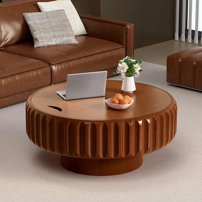31.5" Round Drum Coffee Table with Storage Retro Rustic Center Table - Solid Wood Handcrafted Relief Veneer for Farmhouse Apartment (A Round 31.5in)