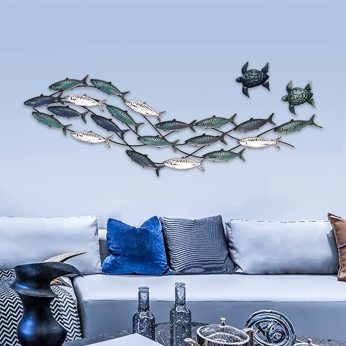 LHZZWTF Coastal Metal Fish Wall Decor,Modern Marine Metal Wall Art Sculpture Decor is perfect for a coastal/nautical/beach or ocean themed holiday home/bedroom/living room. （ Send two metal turtles）