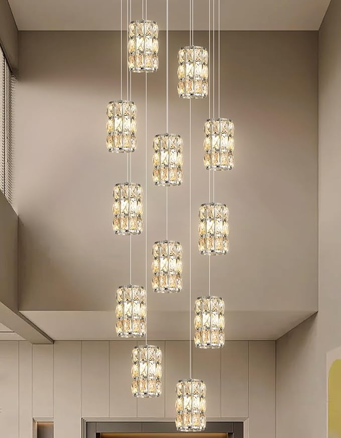 12-Lights Modern Crystal LED Dimmable for Staircase Foyer High Ceiling Chandeliers Hallway Nickel