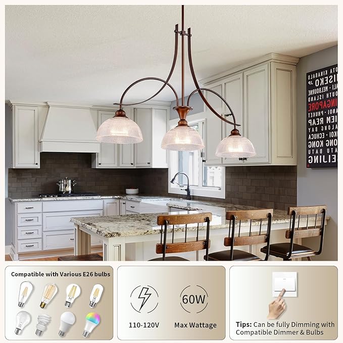 3-Light Oil Rubbed Bronze Pendant Light for Kitchen Island Farmhouse Dining Room Chandelier Over Table Adjustable Hanging Light Fixtures with Crystal Glass for Living Room Hallway Entryway