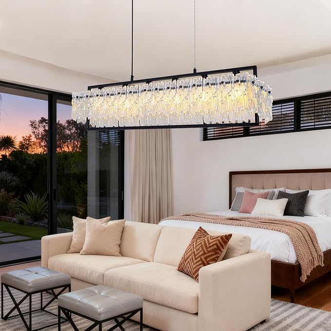 MantoLite Luxe Dining Room Light Fixture Farmhouse Crystal Chandeliers for Dining Room 32" Matte Black Rectangle Design 6-Light Banquet Pendant Light E12 3000K-6000K Compact for
