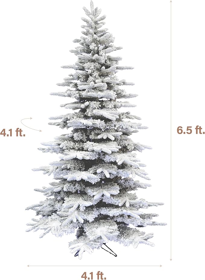 Fraser Hill Farm Pine Valley Flocked Christmas Tree, 6.5 Feet Tall | Holiday Tree with Metal Base Perfect Home Decor | Snowy Xmas Tree with No Attached Lights | FFPV065-0SN