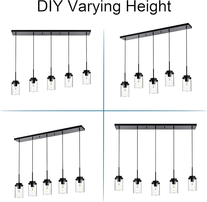 MELUCEE Kitchen Island Lighting Modern 5 Lights Linear Chandeliers for Dining Room, Industrial Black Pendant Light Fixtures Ceiling Hanging with Clear Glass Shade, 37 Inches Length