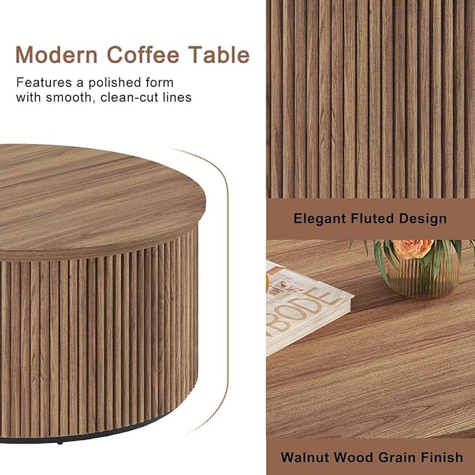 FATORRI Round Coffee Table, Fluted Woodern Center Table, Mid-Century Modern Coffee Tables for Small Space, Living Room, Bedroom (31.5 Inch, Walnut)