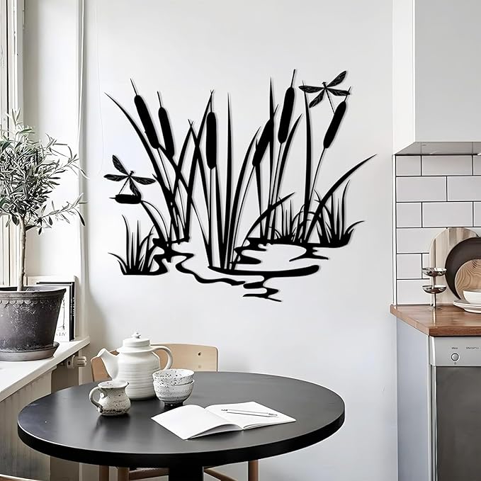 EANHIPE Metal Cattails & Dragonfly Wall Art, Cattails Metal Wall Art, Rustic Farmhouse Decor, Nature Themed Decor for Living Room, Bedroom, Bathroom, Housewarming Gift (Silver, 19"x16"/47x40cm)