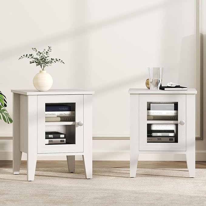 Bonzy Home Modern Night Stands Set of 2, End Table with Acrylic Door, Wooden Side Table with Storage, Bedside Tables for Bedroom, Living Room, Small Spaces, White