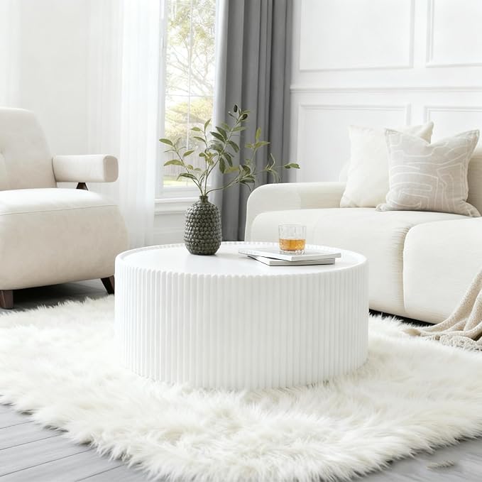 29.52" White Round Coffee Table, Drum Coffee Table with Sintered Stone Tabletop and Fluted PU Leather Covered and Stable Base, Circle Cocktail Tea Table for Living Room